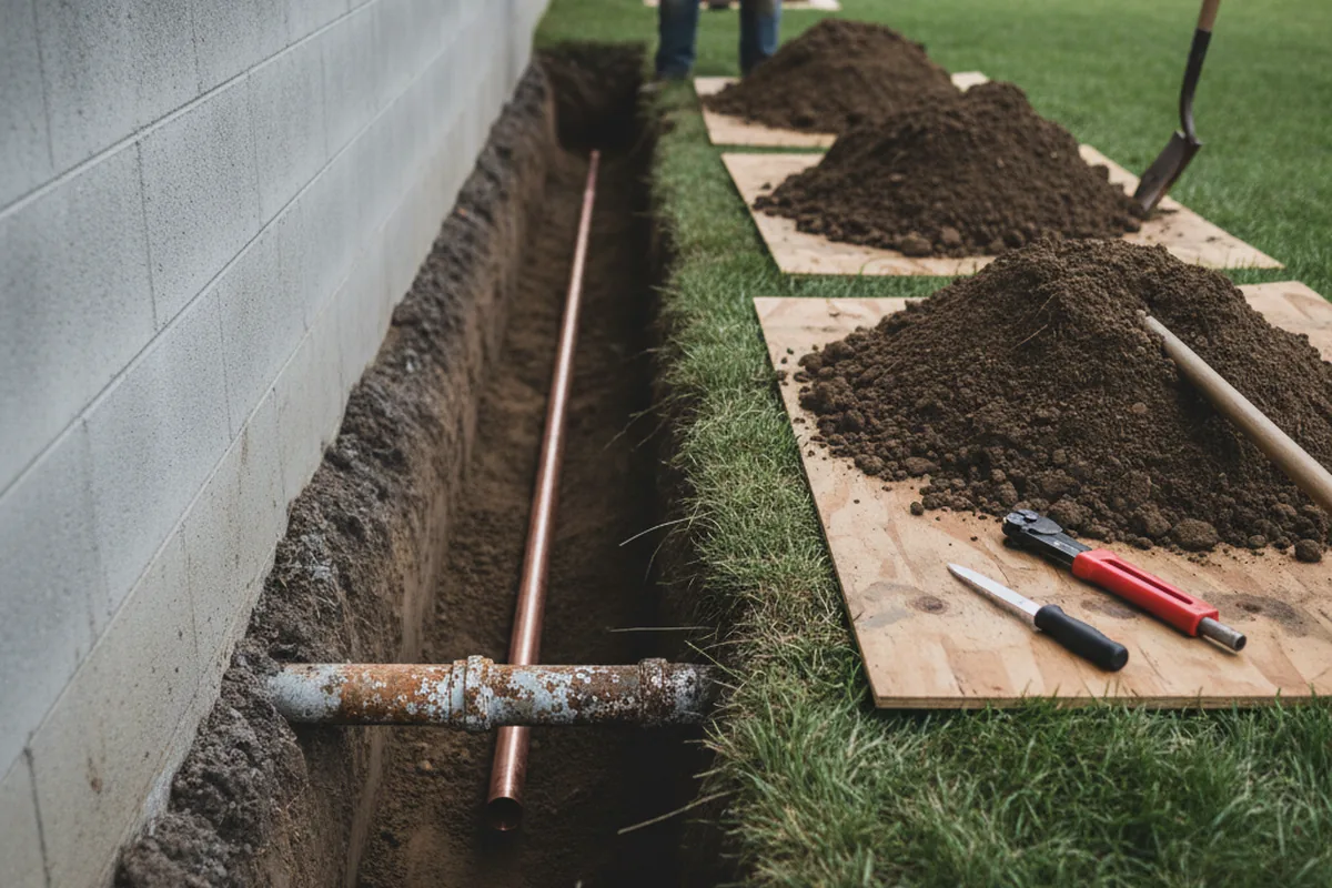 Excavated water line trench during Water Softener Installation in Kouts
